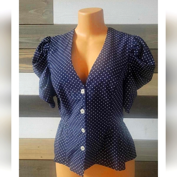 milk & Honey Tops - 60s style polka dot shirt, V cut with puffy sleeves